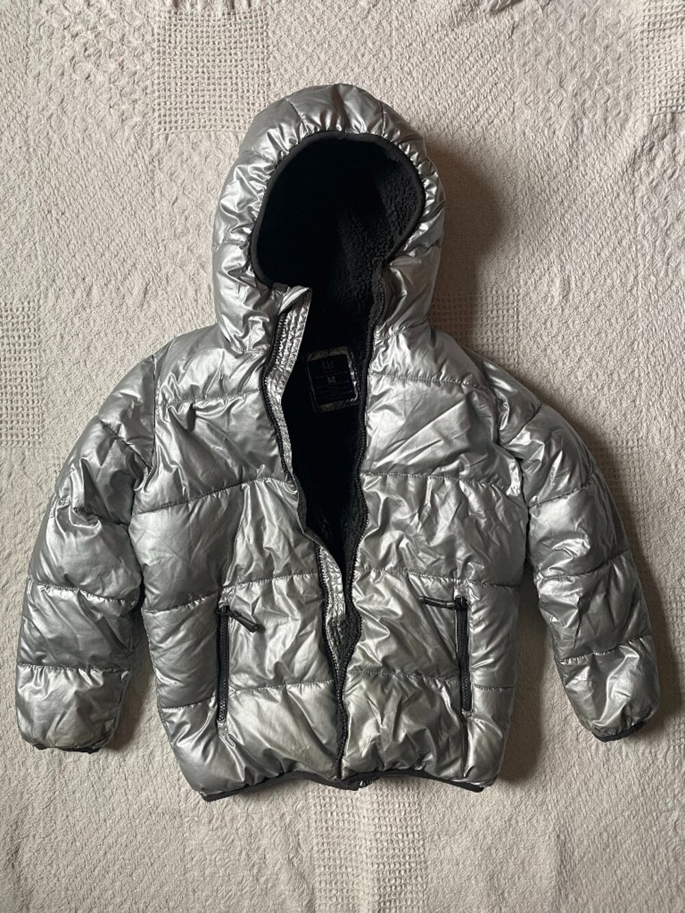 GAP Kids Silver Metallic Sherpa Lined Hooded Puffer Jacket - M